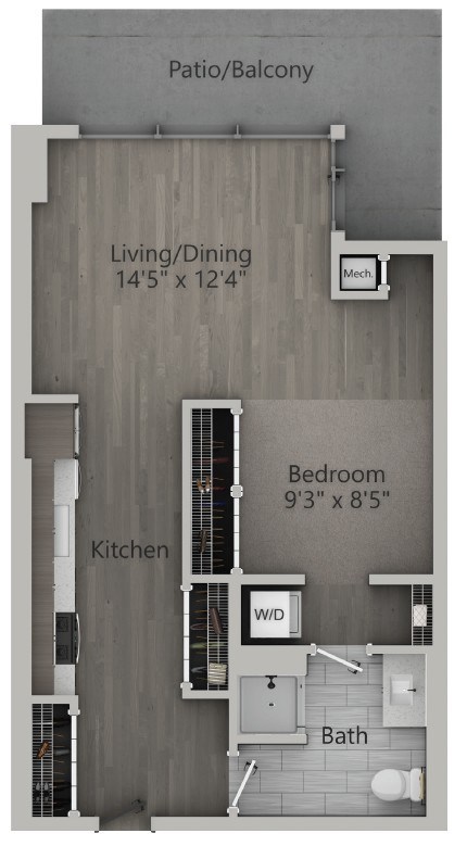 Floor plan for studio, 1 bath, 653 sqft